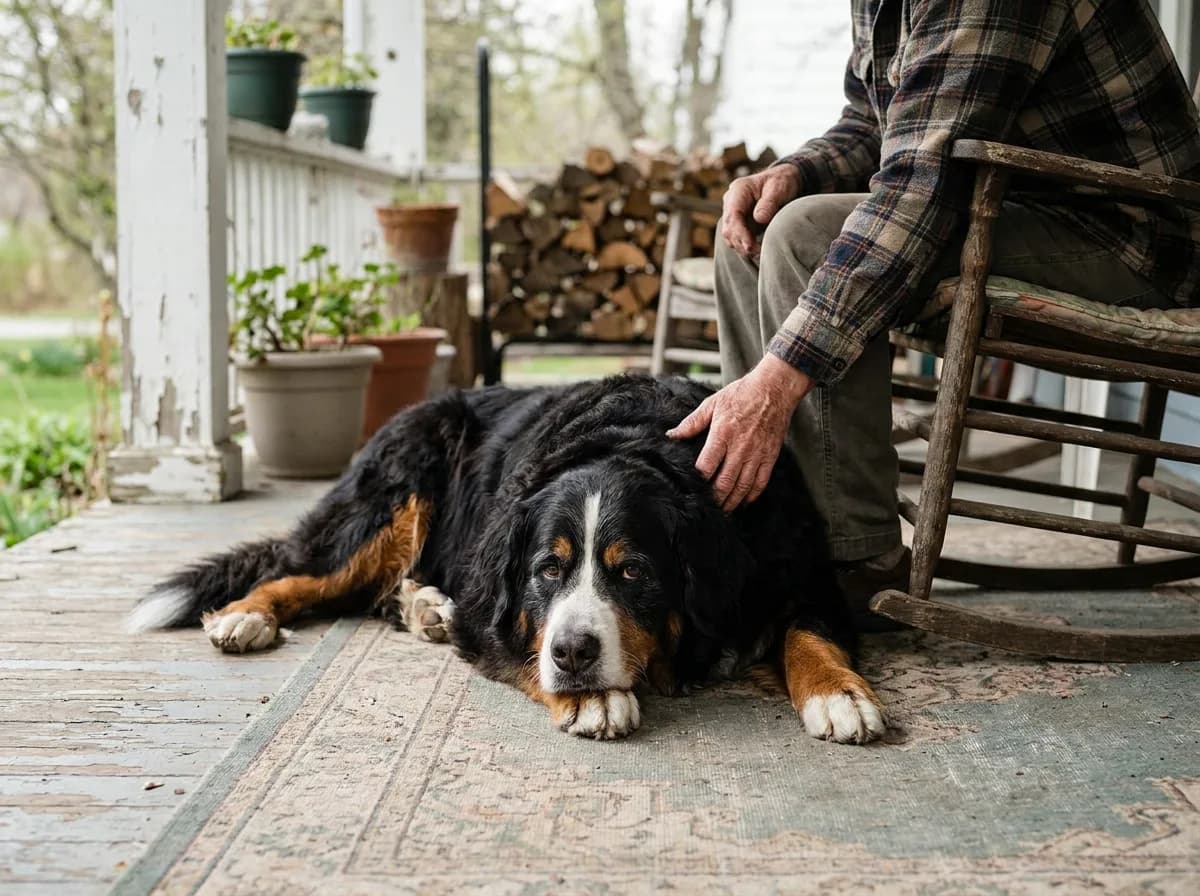 Gray-muzzled Bernese Mountain Dog resting beside an owner on a covered porch.