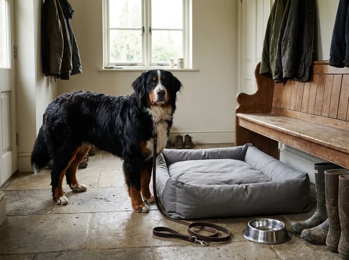 Bernese Mountain Dog standing beside a large bed, leash, and metal bowls in an entryway.