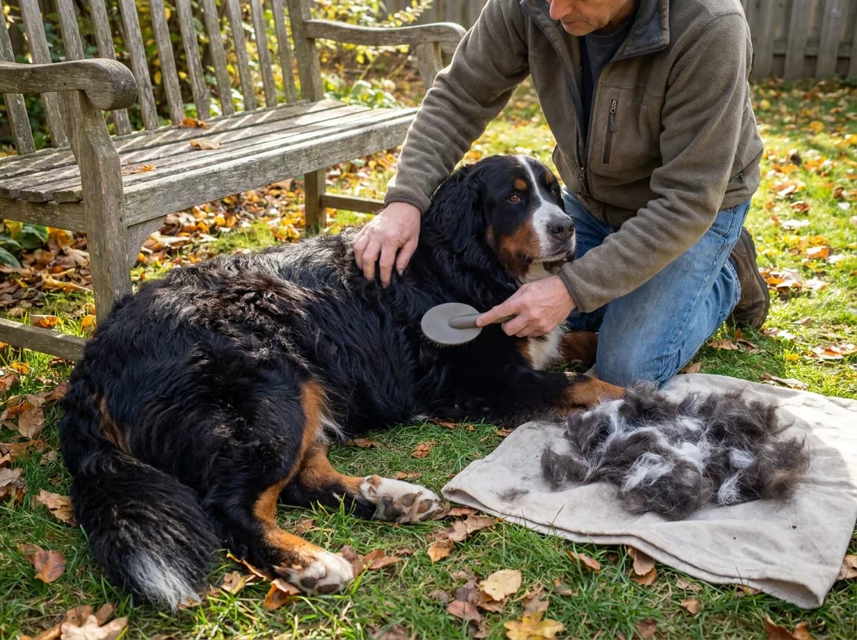 Owner gently brushing a Bernese Mountain Dog outdoors, with loose coat collected on a cloth.