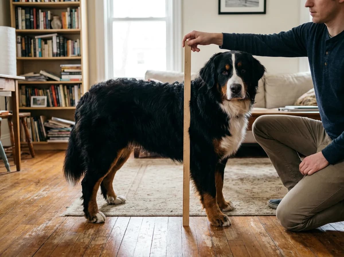 Bernese Mountain Dog standing while an owner holds a plain measuring stick beside its shoulder.