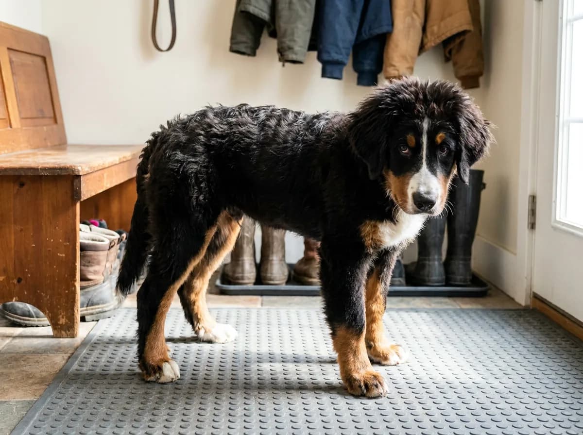 Leggy Bernese Mountain Dog puppy standing on a nonslip mat in a mudroom.