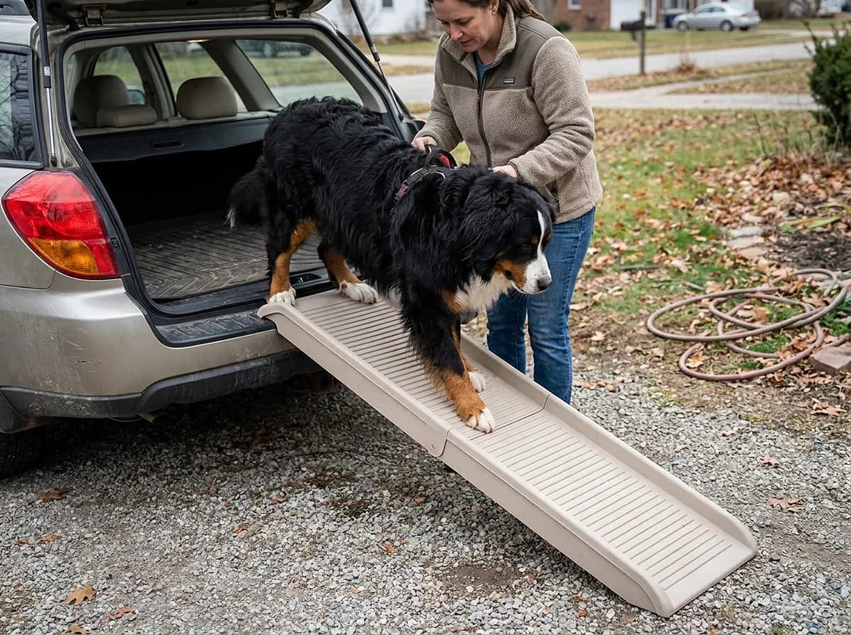 Bernese Mountain Dog walking down a wide ramp from a parked hatchback with an owner beside it.