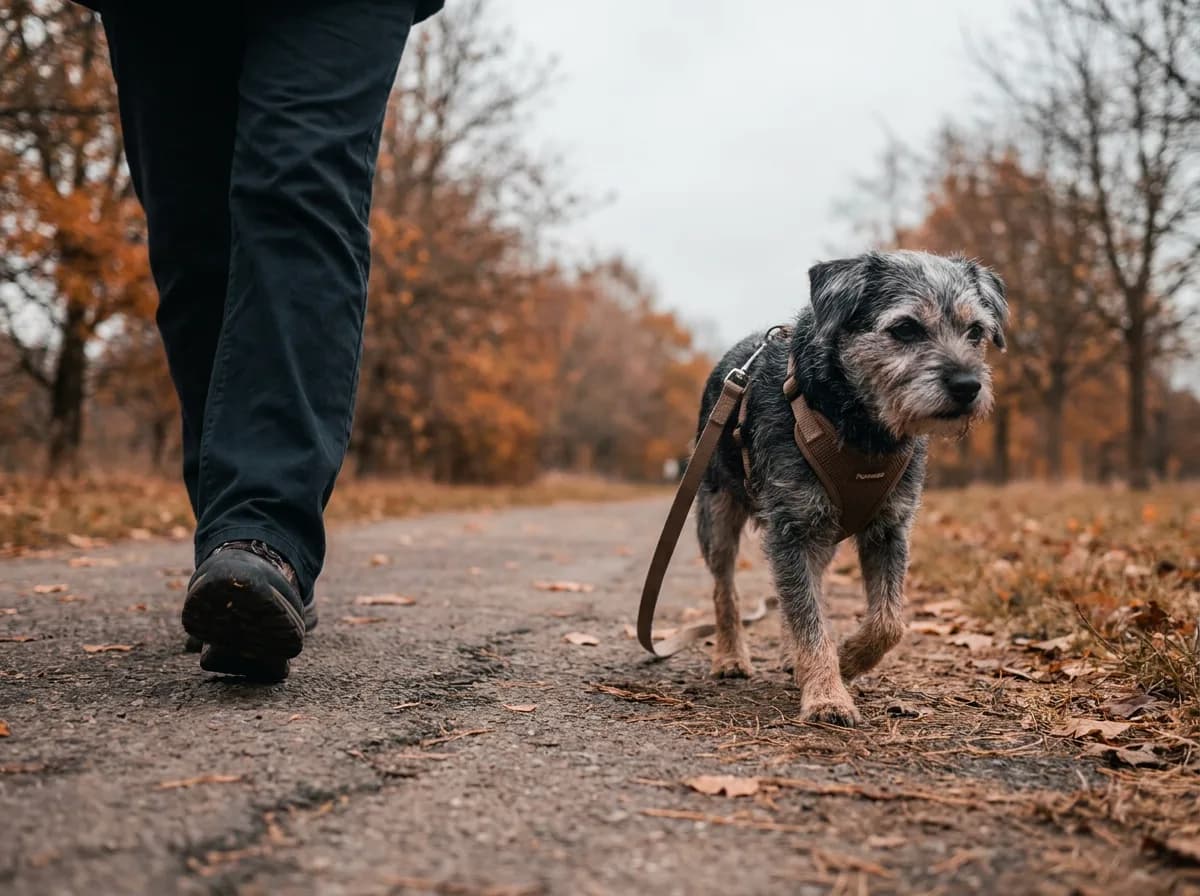 Older terrier walking on a loose leash along a level park path