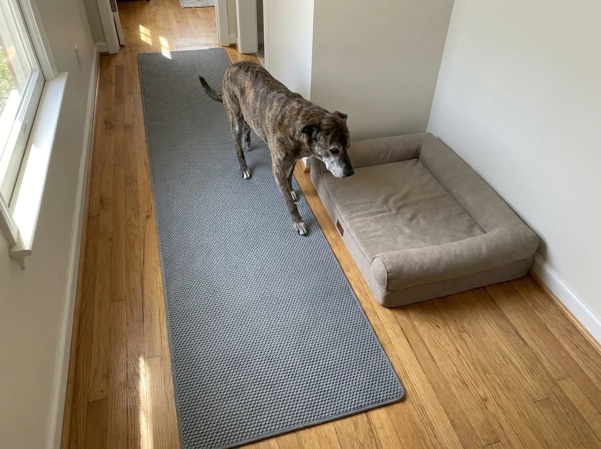 Older dog beside a flat nonslip runner and low-entry bed
