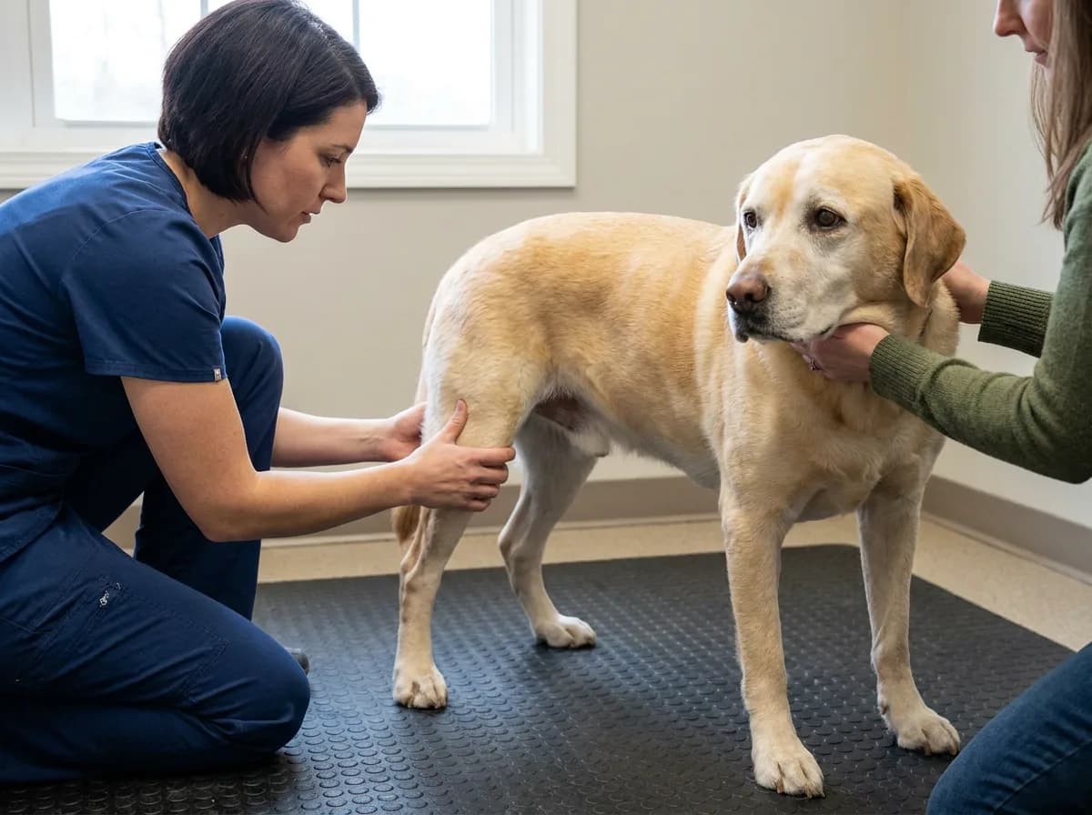Veterinarian gently assessing an older Labrador’s hindlimb while its owner offers support