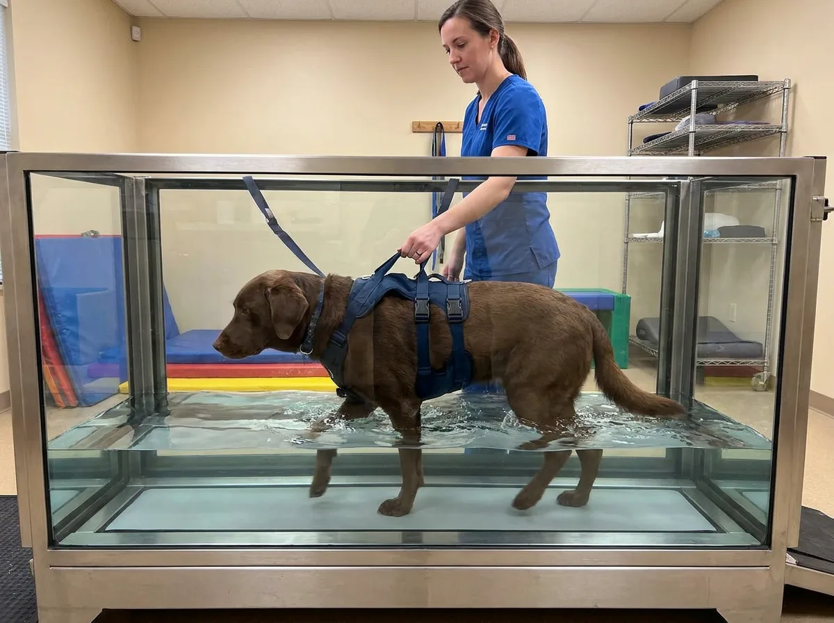 Dog walking in an underwater treadmill with a rehabilitation professional beside the tank