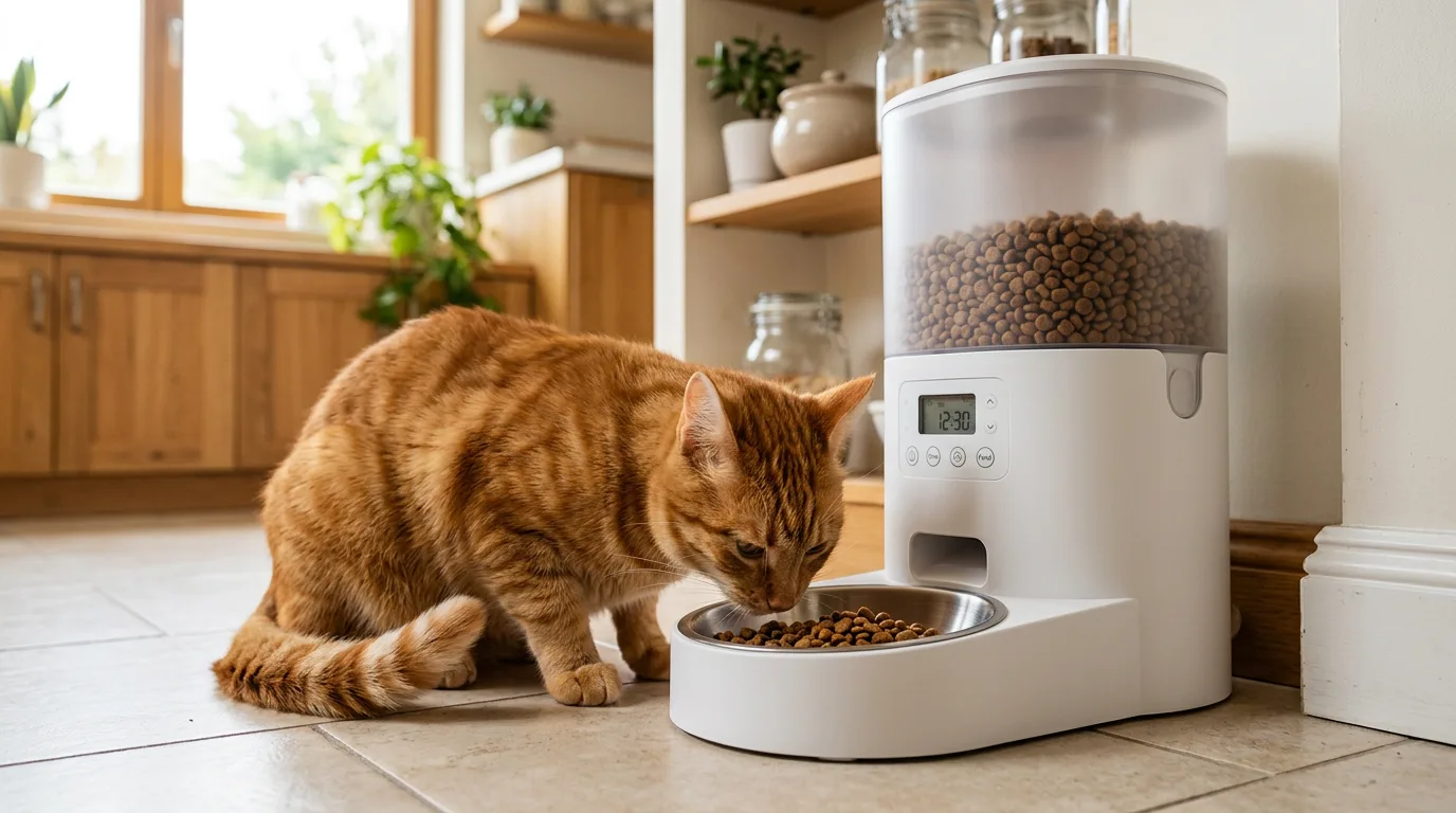 An orange tabby cat eating kibble from a modern white automatic cat feeder with a tall hopper in a bright kitchen