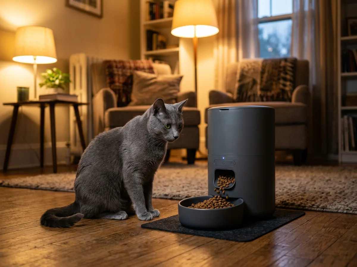 A gray Russian Blue cat waiting as a round automatic feeder dispenses kibble in a warmly lit living room