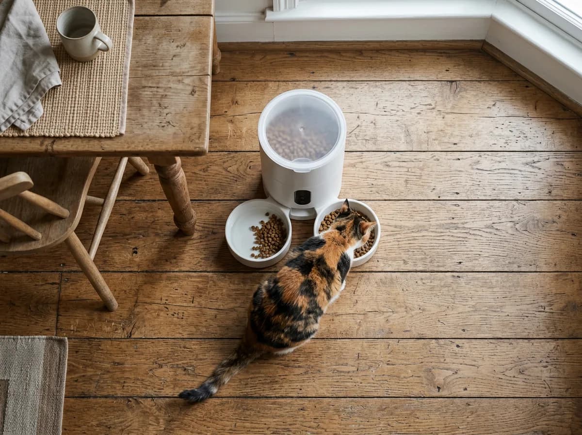 Overhead view of a calico cat eating from a dual-bowl automatic feeder on a wooden floor