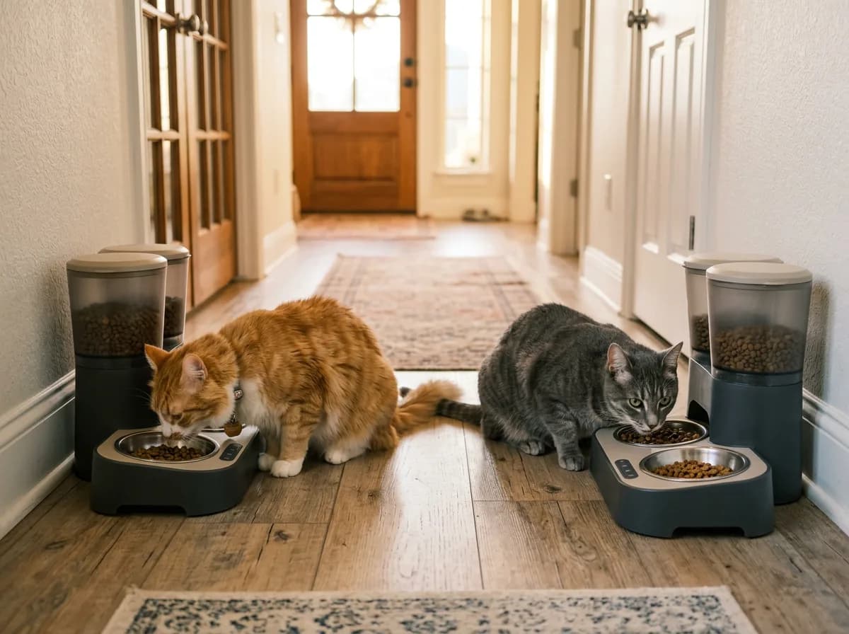 Two cats eating from separate automatic feeder stations side by side in a hallway