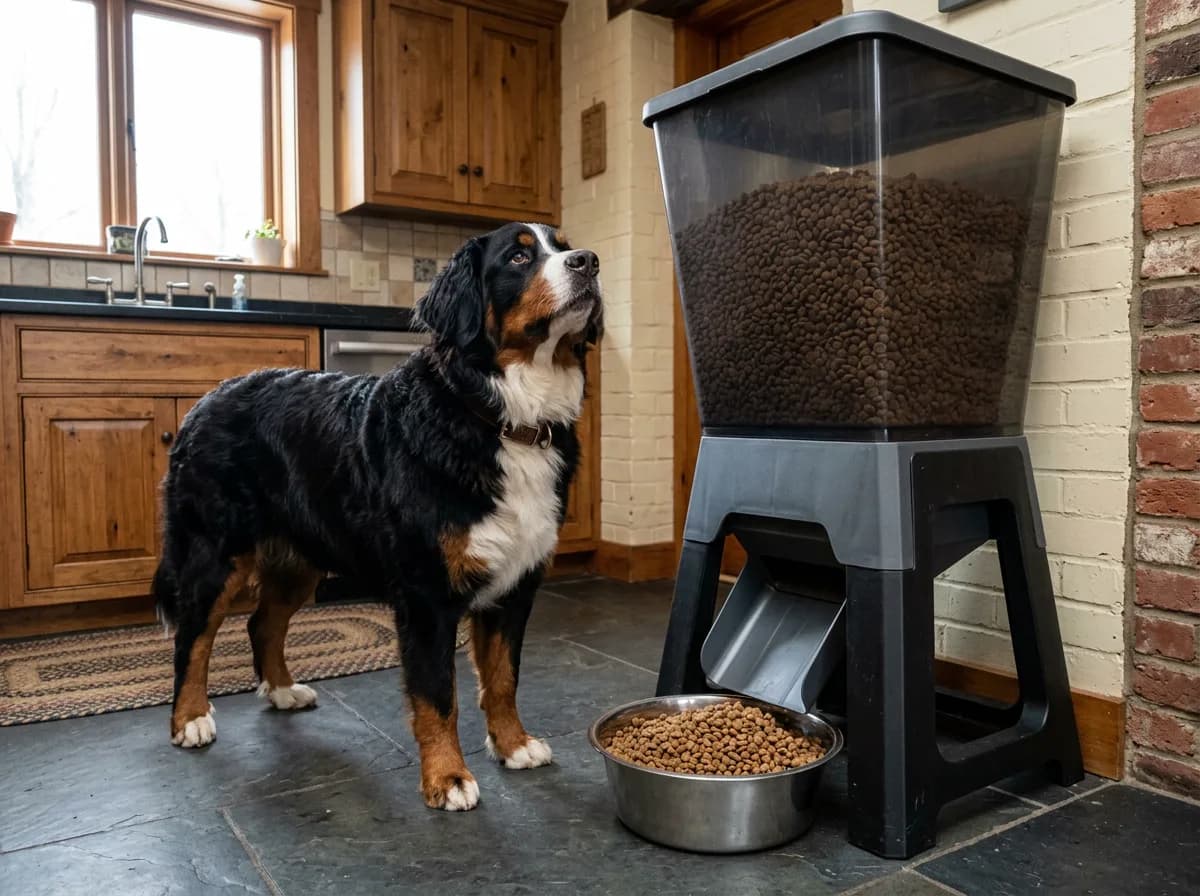 A Bernese mountain dog standing next to a tall large-capacity gravity dog feeder