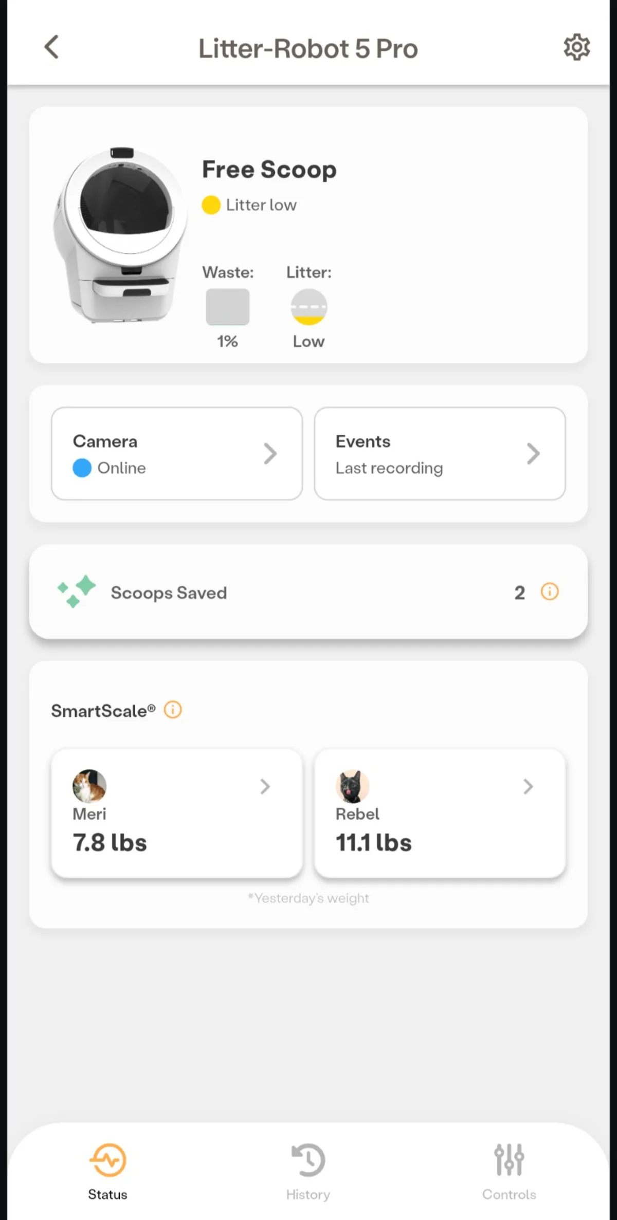 Whisker app screen showing camera status, recorded events, saved scoops and SmartScale profiles
