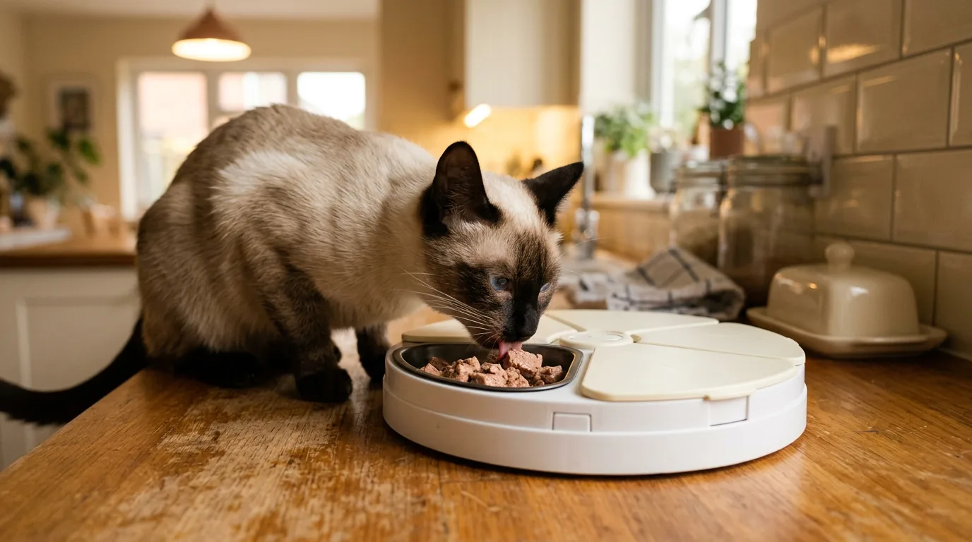 A Siamese cat eating wet food from a rotating multi-tray automatic wet-food feeder on a kitchen counter