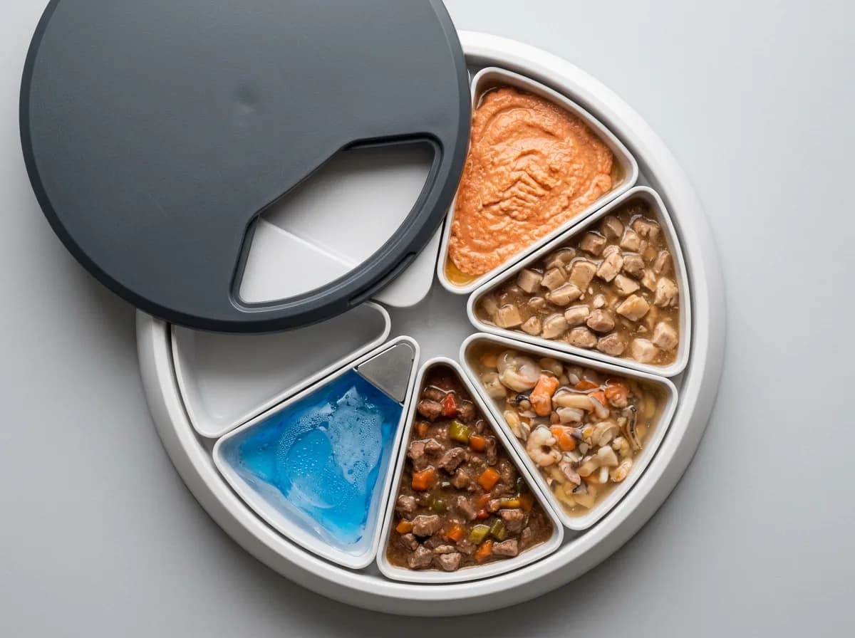 Overhead view of a multi-compartment automatic wet-food feeder with trays of wet food and an ice pack base