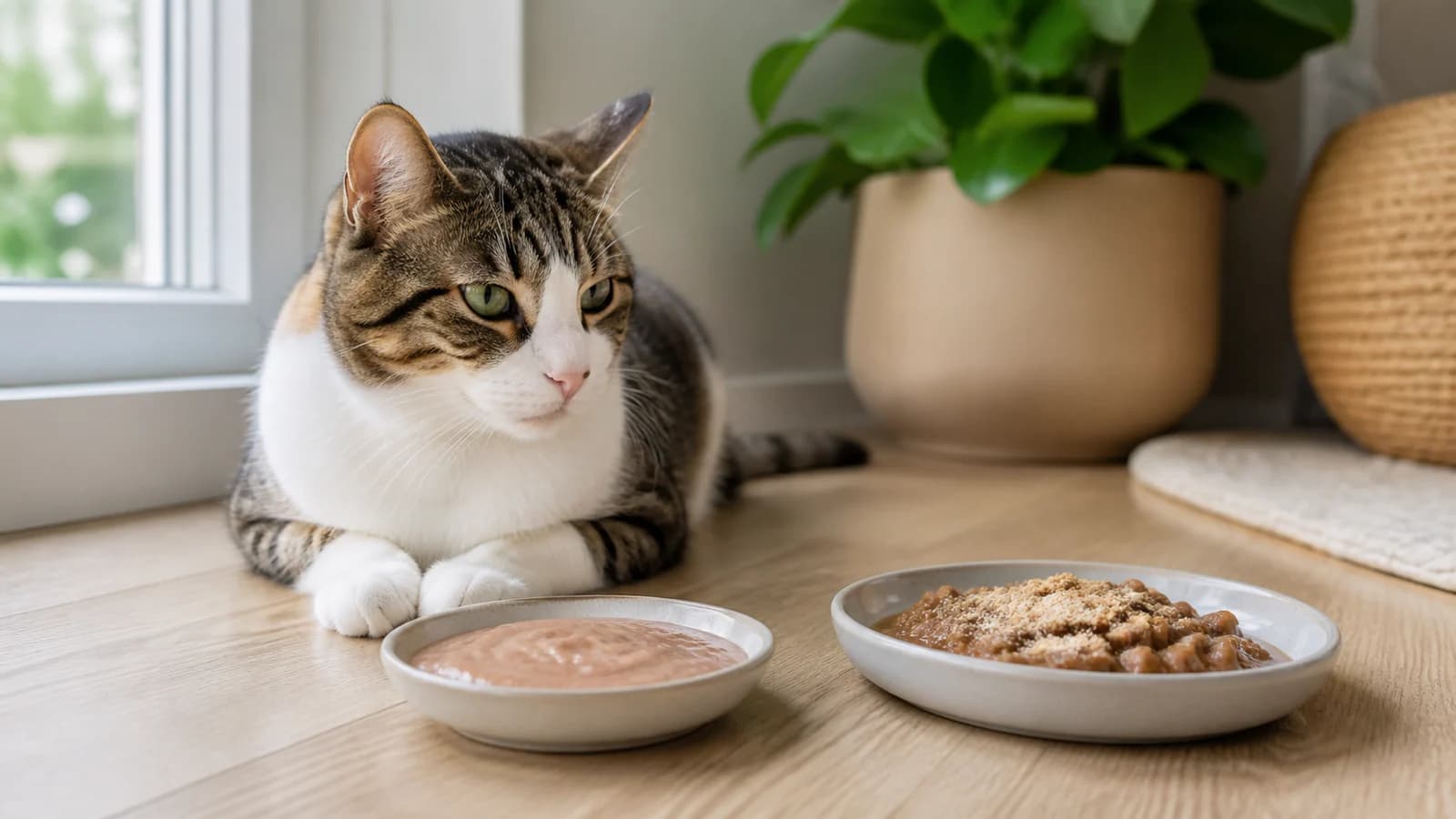Relaxed cat beside separate unbranded lickable puree and daily powder feeding formats