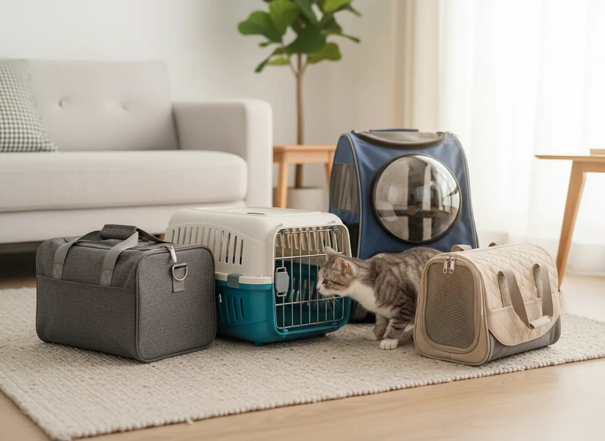 Four recommended cat carriers grouped on a light rug: soft-sided bag, hard kennel, backpack, and budget soft carrier, with a curious gray-and-white cat