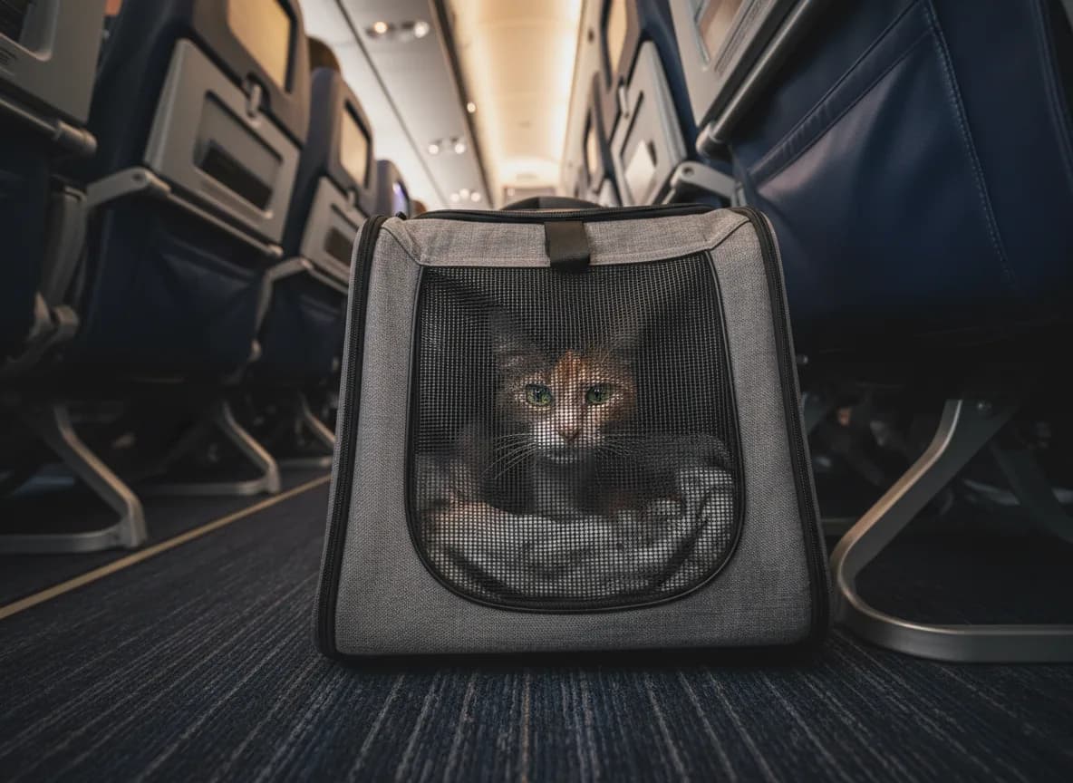 A gray soft-sided cat carrier tucked under an airplane seat with a cat peering out through the mesh window
