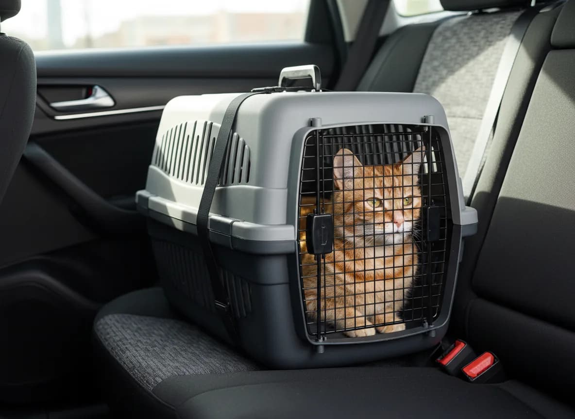 A hard-sided cat carrier belted into a car back seat with the seat belt threaded through its strap loop