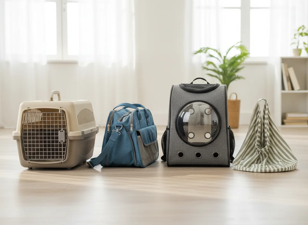 Four cat carrier styles side by side: a hard-sided box, a soft-sided bag, a backpack carrier, and a sling on a wood floor