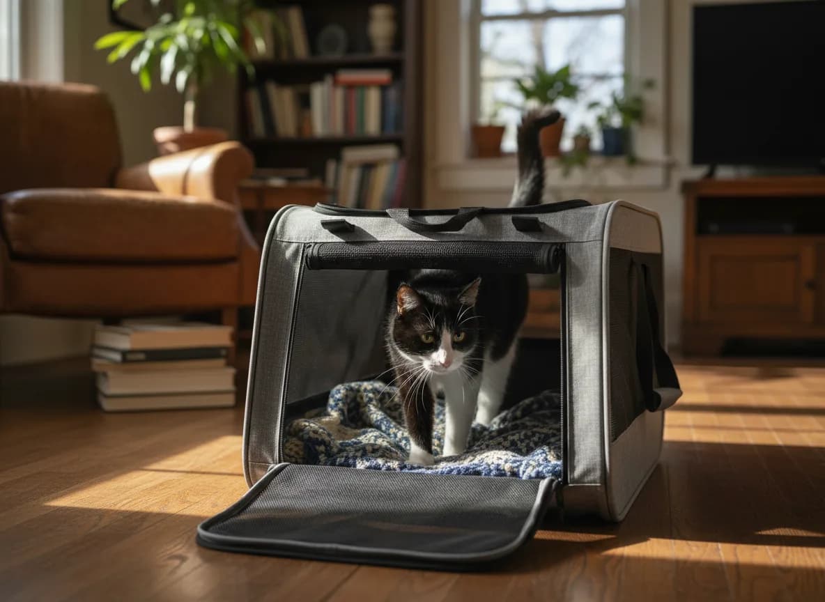 A curious tuxedo cat stepping into an open soft-sided carrier set on the floor at home with a blanket inside