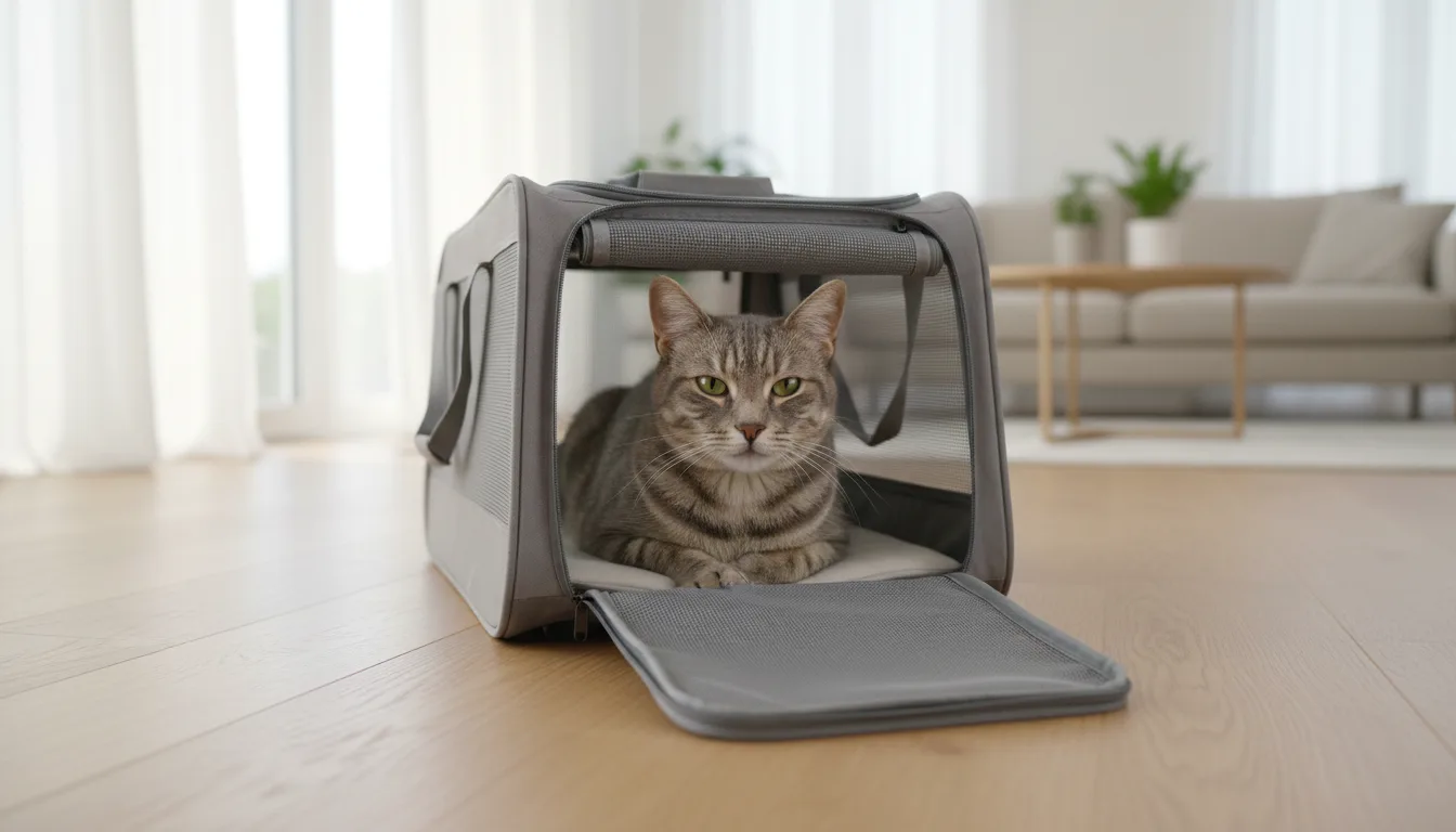 A calm gray tabby cat sitting inside an open soft-sided cat carrier on a hardwood floor in a bright living room