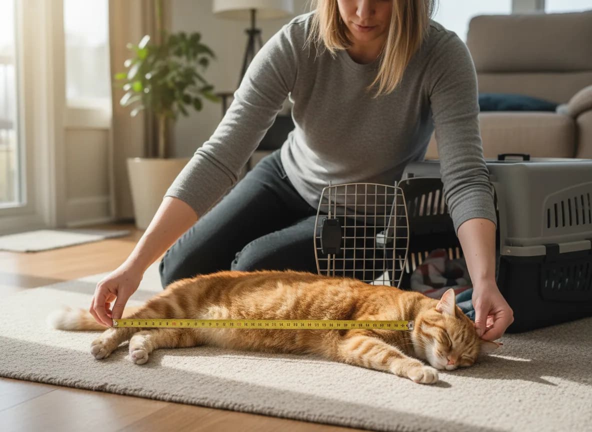 A person measuring an orange tabby cat with a tape measure next to an open hard-sided carrier on a living-room rug