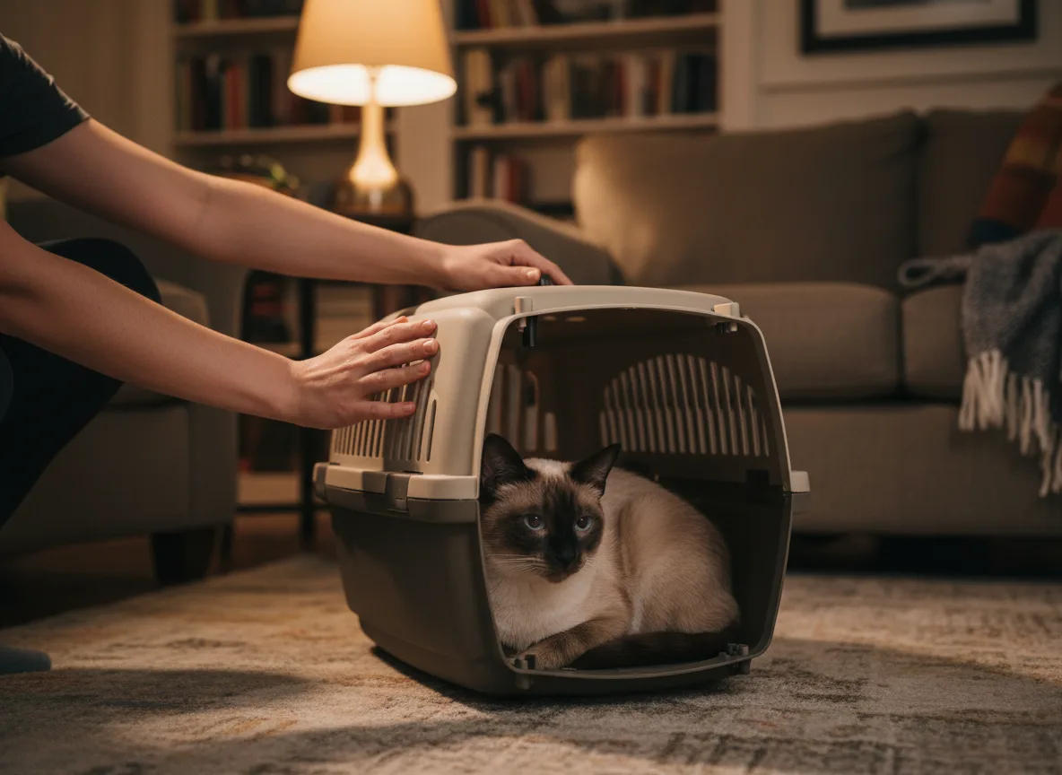A person at home lifting the removable top half off a hard-sided top-load carrier while a calm seal-point cat sits in the base