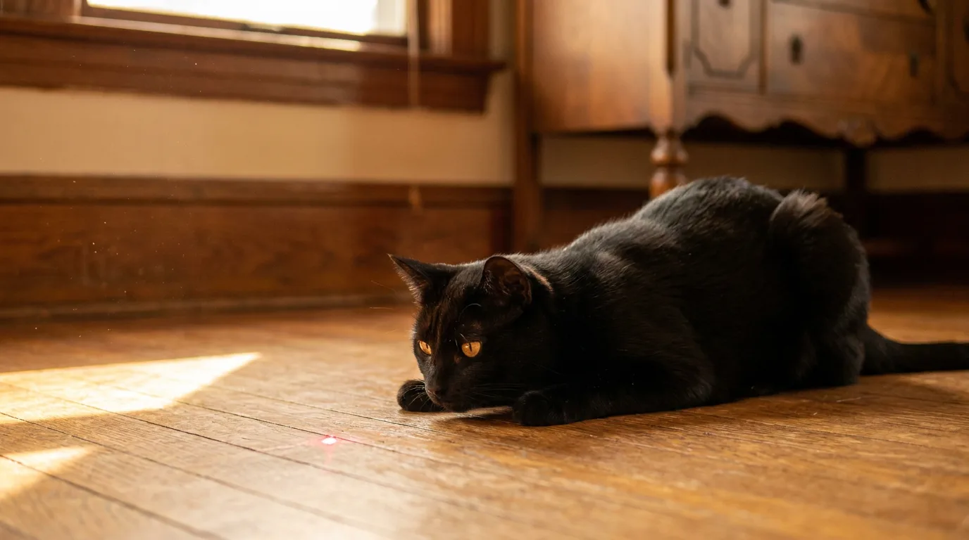 Black cat crouched low on a hardwood floor in warm side light, eyes locked on a small red laser dot glowing on the floor ahead