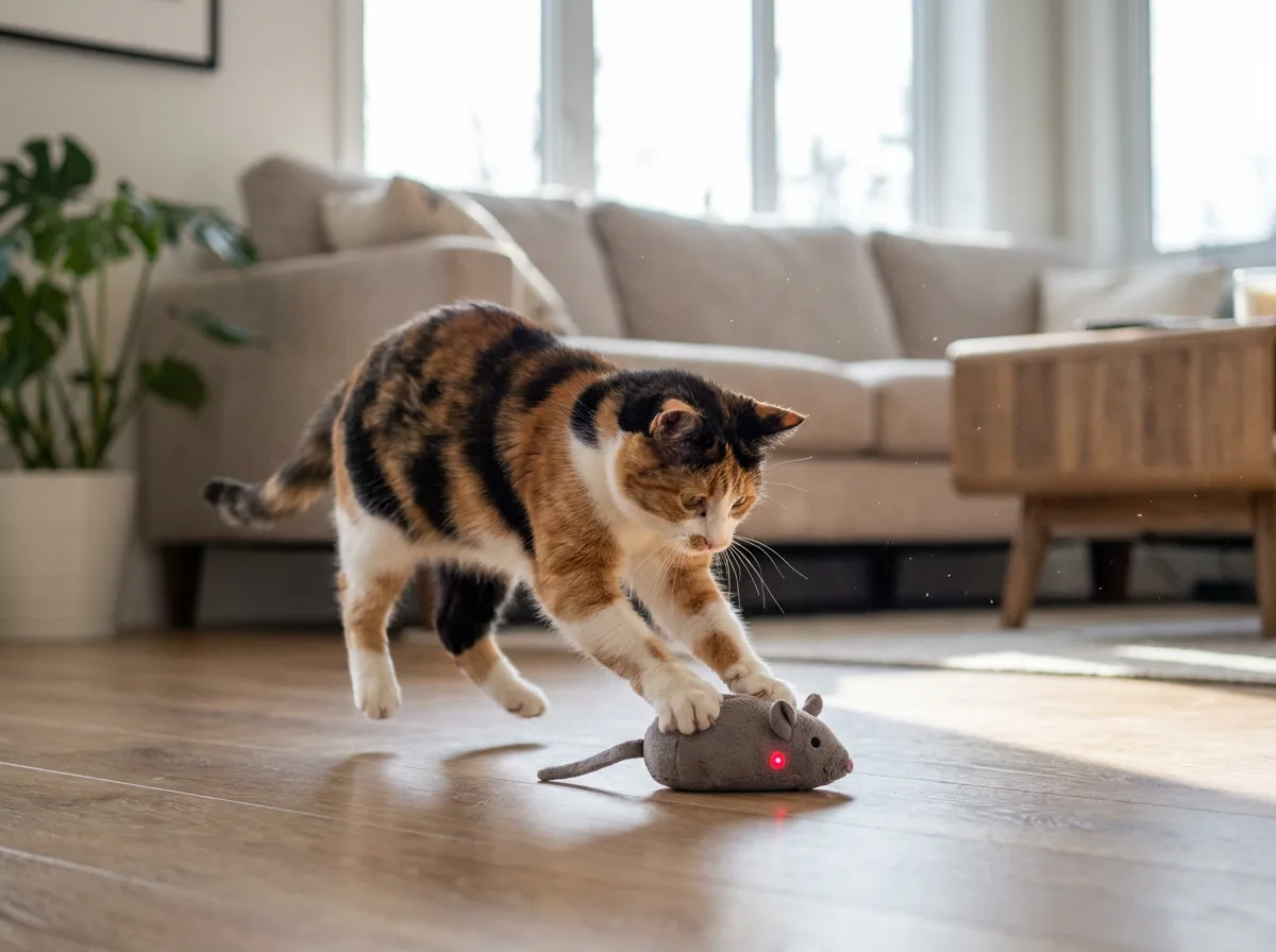 Calico cat pouncing onto a gray plush mouse toy marked by a red laser dot on a light wood floor in a neutral living room