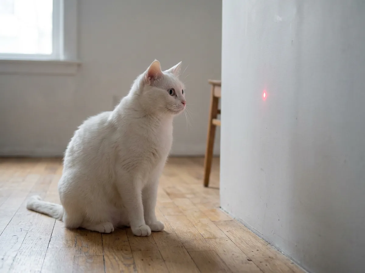 White cat sitting tensely on a wood floor, staring fixedly at a red laser dot on a pale wall in cool daylight