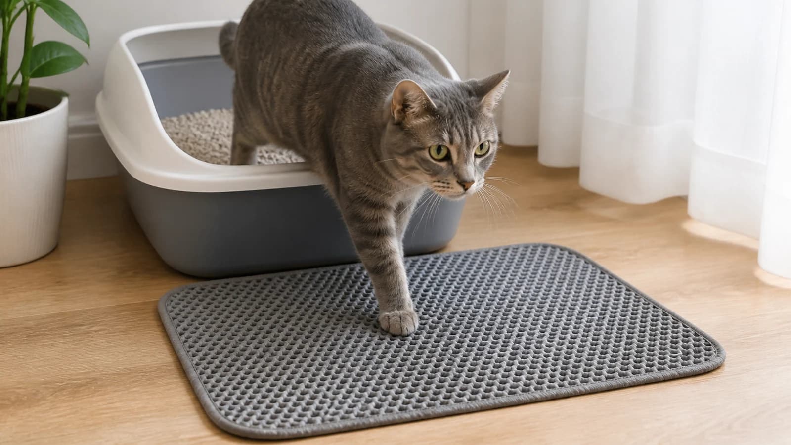 Adult tabby cat stepping from a clean open litter box in a bright home