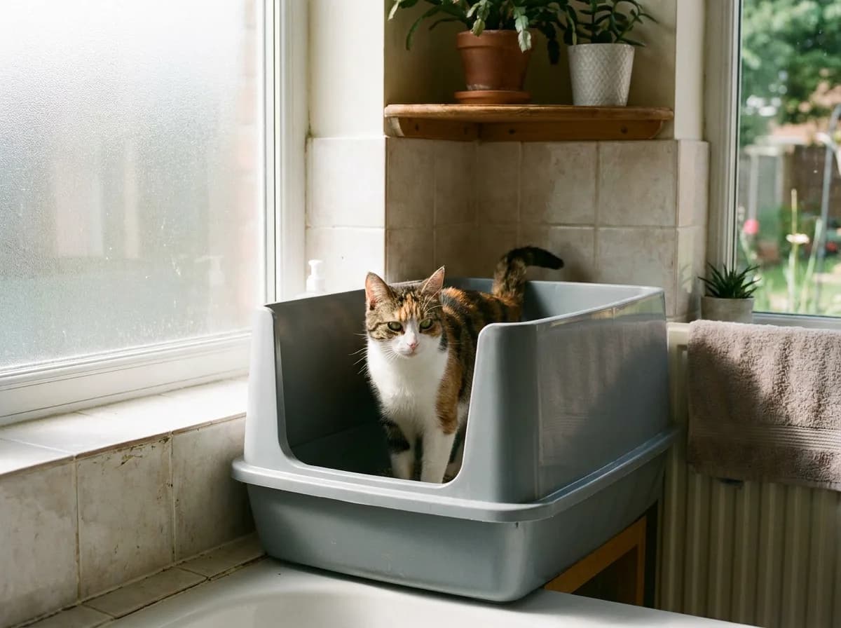 Calico cat standing in a roomy gray open-top litter box with tall back walls in a bright bathroom corner