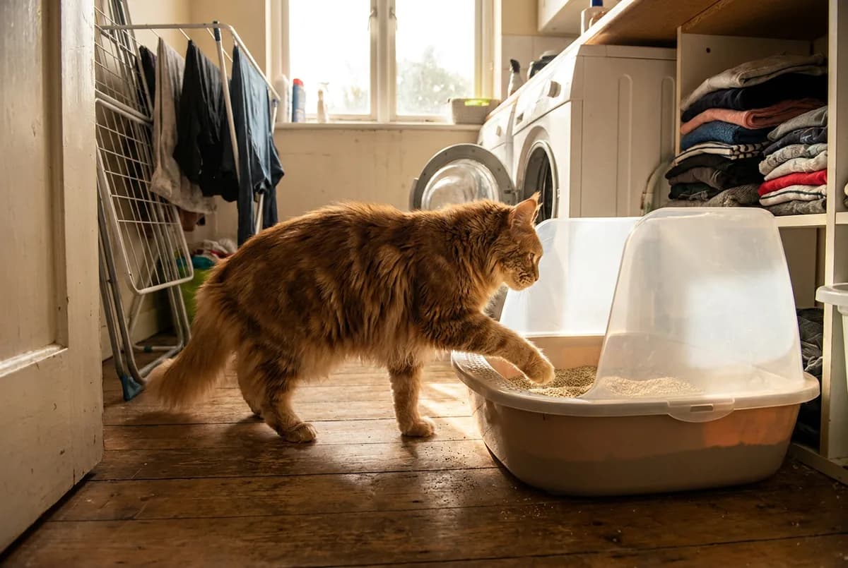Large orange longhaired cat stepping into an extra-large open litter box with a clear scatter shield in a laundry room