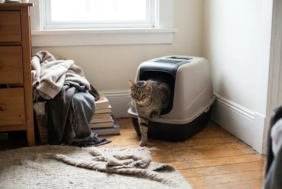 Tabby cat walking out of a gray hooded litter box placed in a bedroom corner