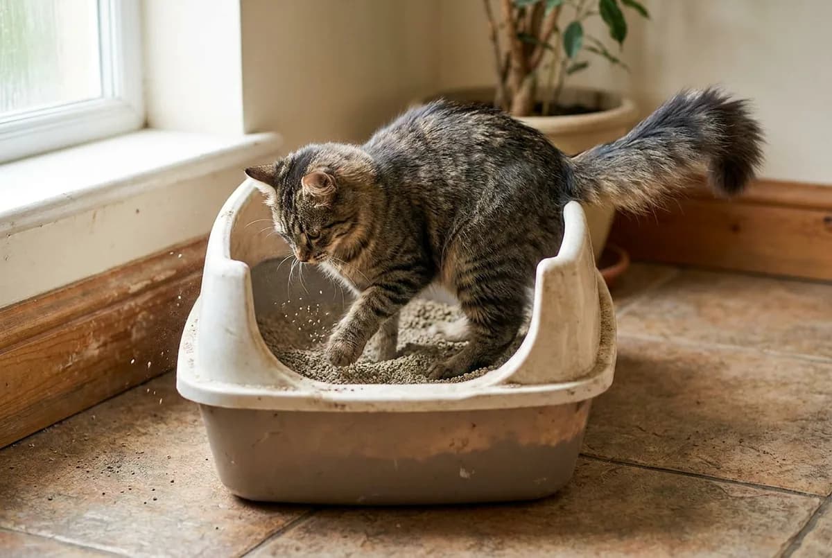 Fluffy tabby cat digging inside a cream high-sided litter box on a tiled floor