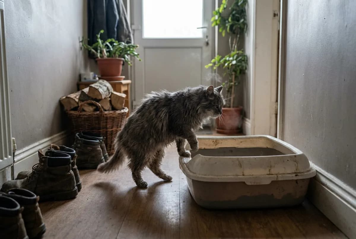 Elderly gray longhaired cat stepping over the low front edge of a litter box in a hallway
