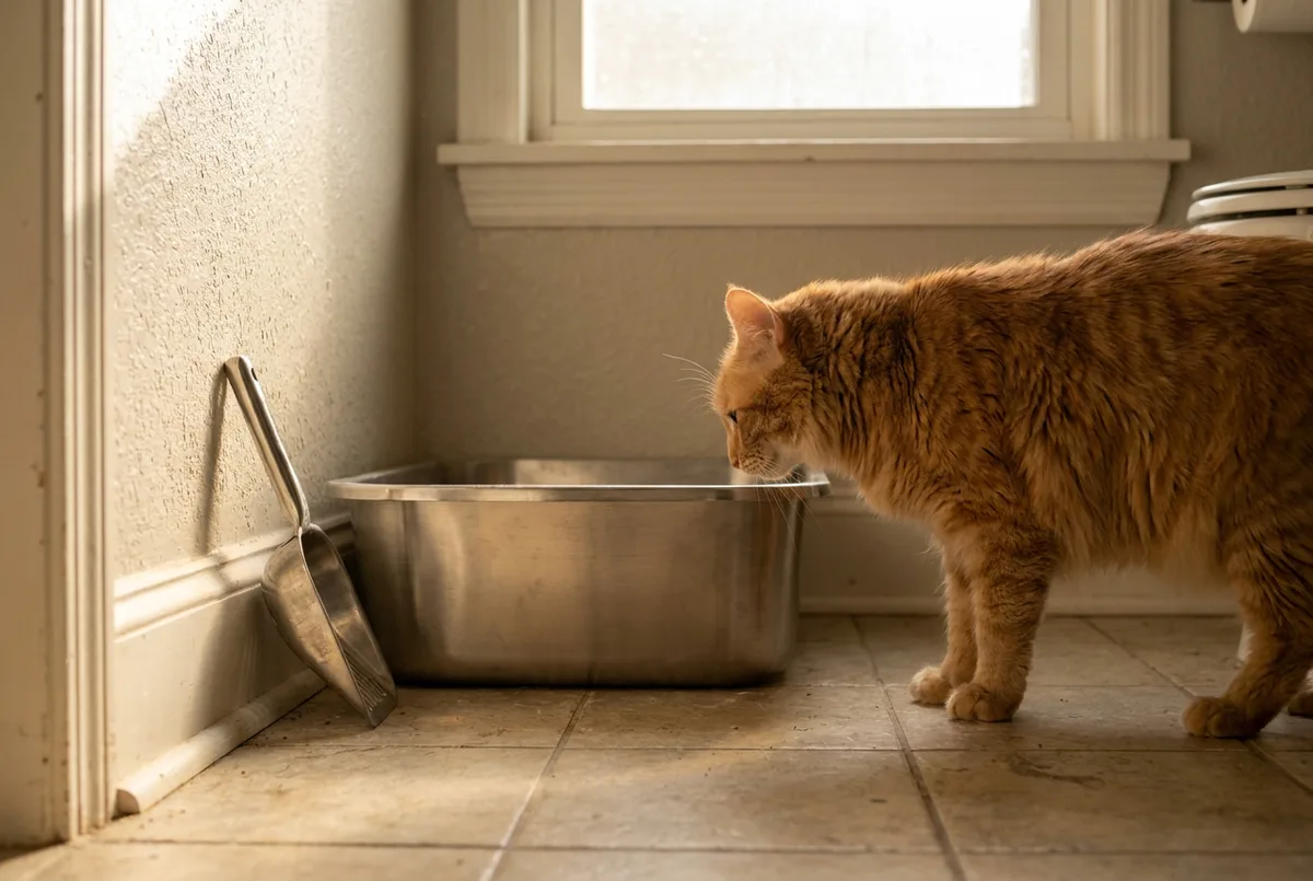 Orange cat sniffing a stainless steel litter box on a tiled floor next to a metal scoop