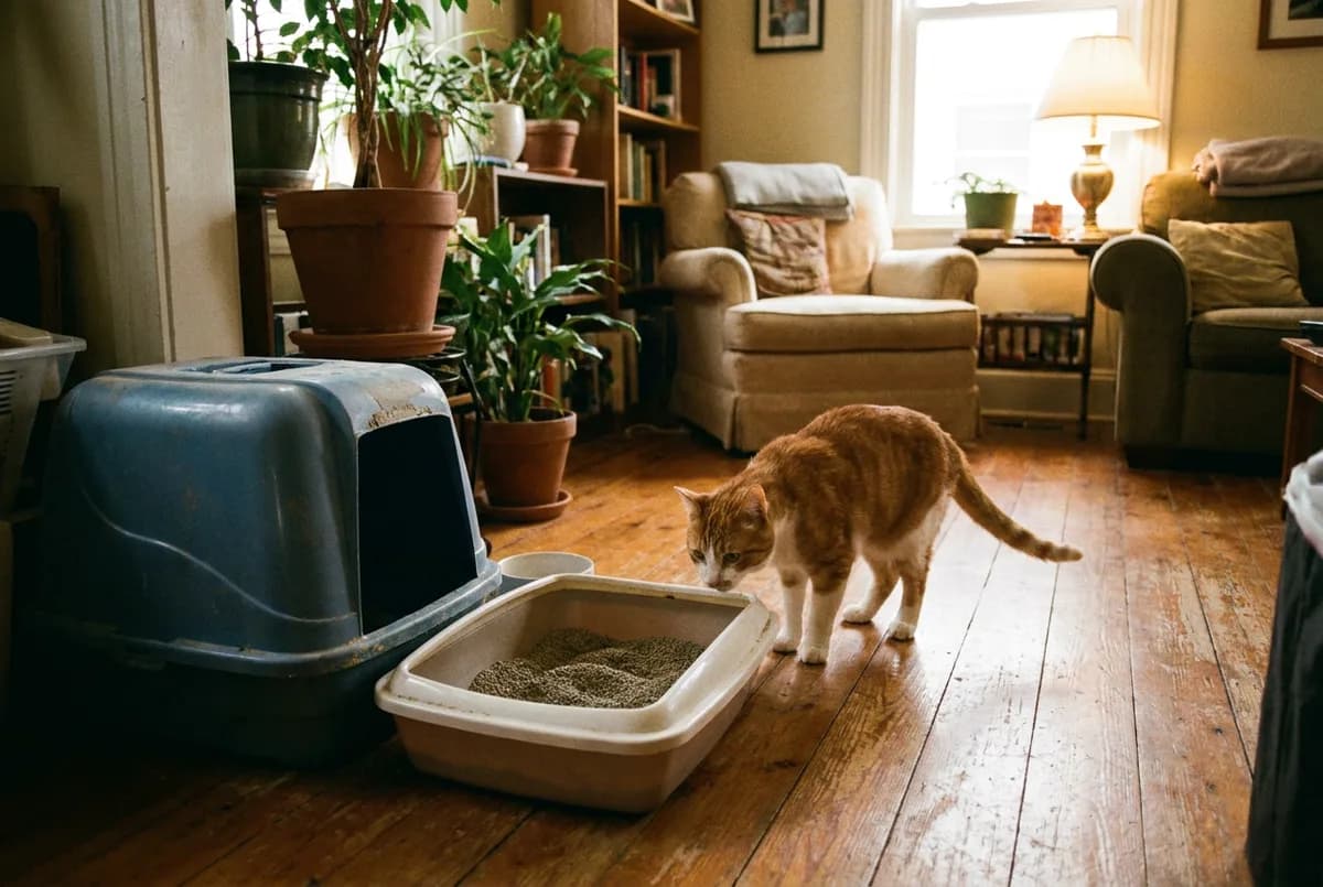 Orange and white cat sniffing an open litter box set beside a blue hooded litter box in a living room