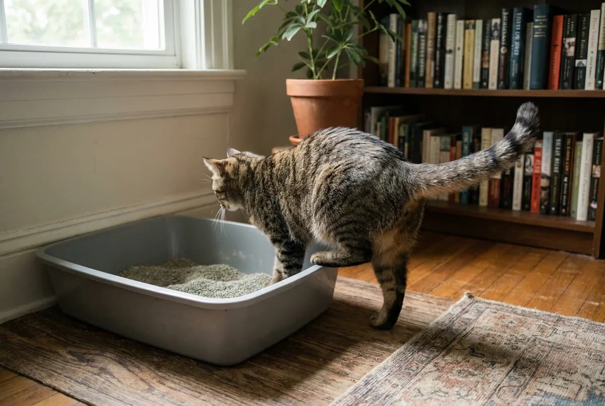 Tabby cat stepping into a gray open litter box in a quiet corner of a room with bookshelves
