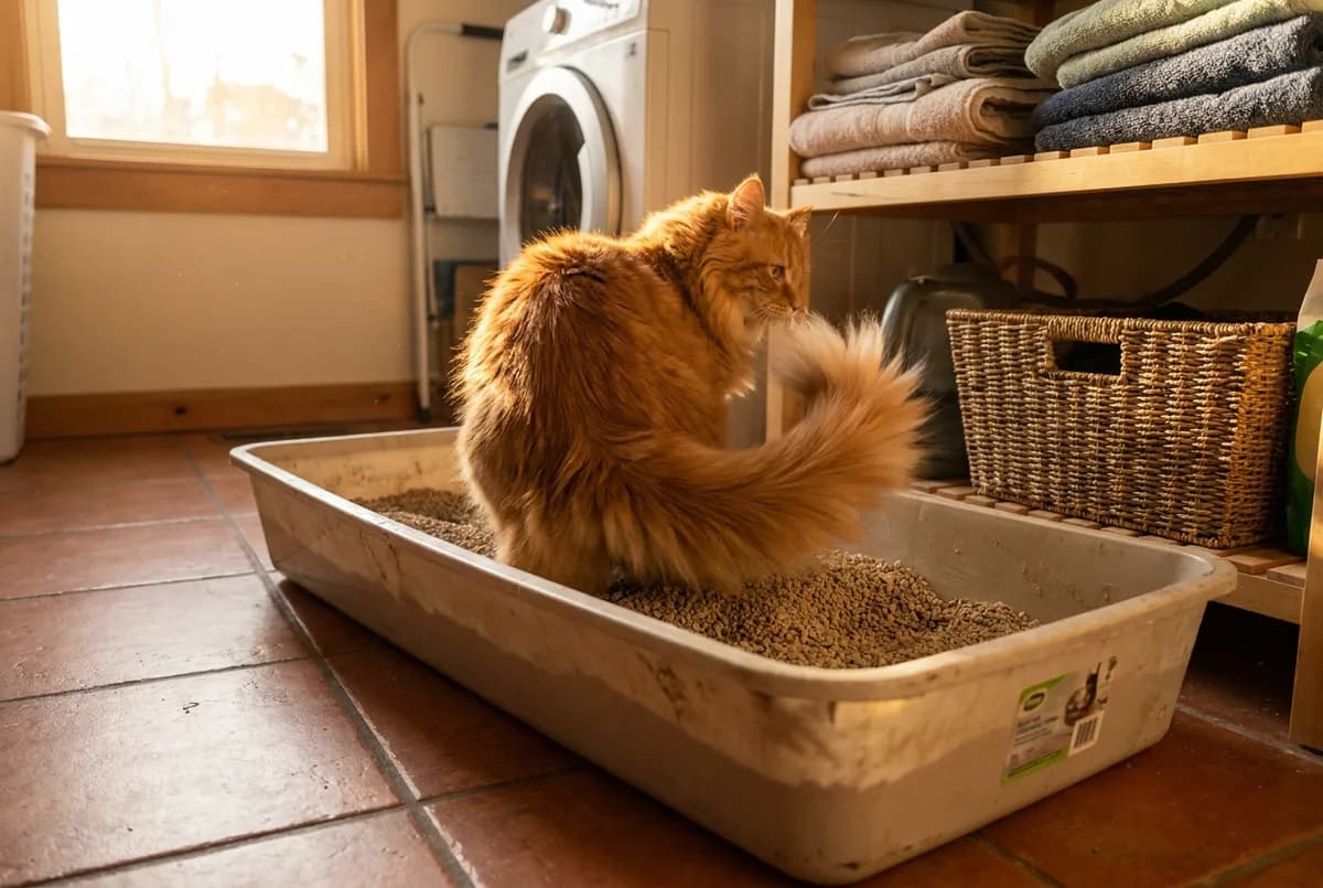 Orange longhaired cat turning around inside an extra-long open litter box on a terracotta tile floor