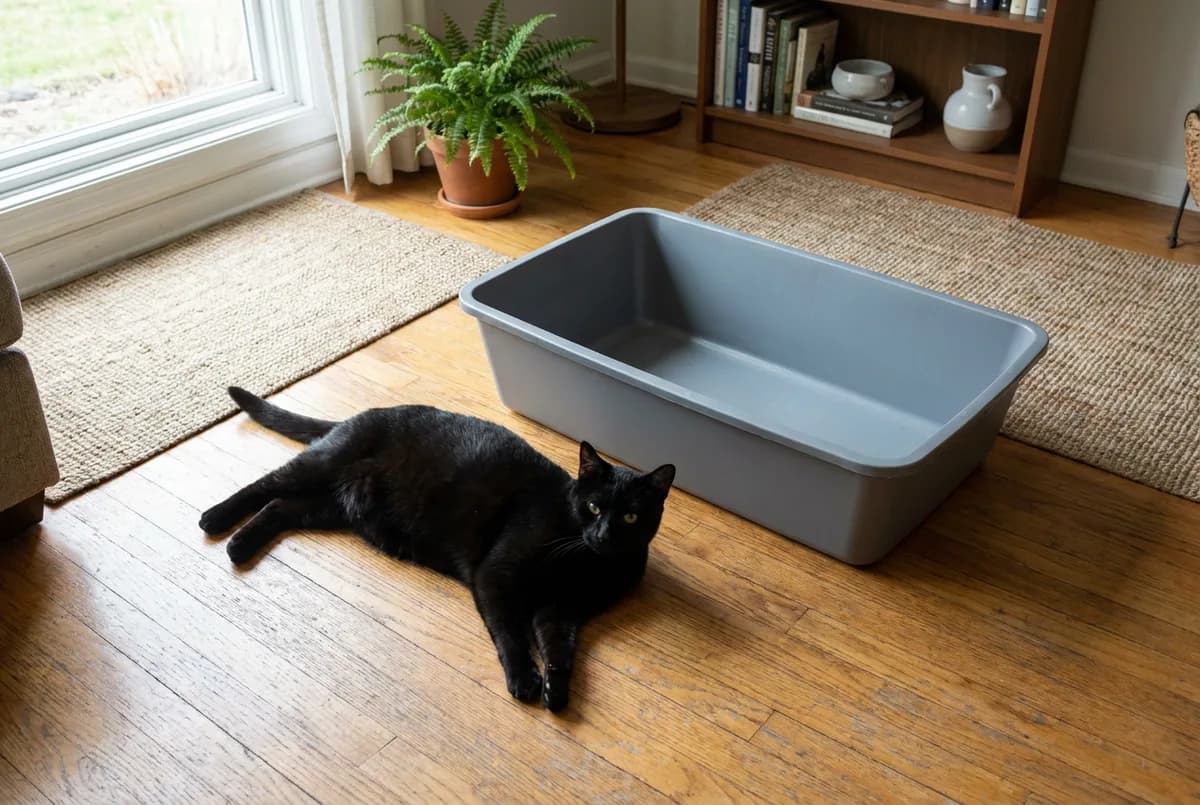 Black cat stretched out on a hardwood floor next to an empty gray litter box about one and a half times its body length