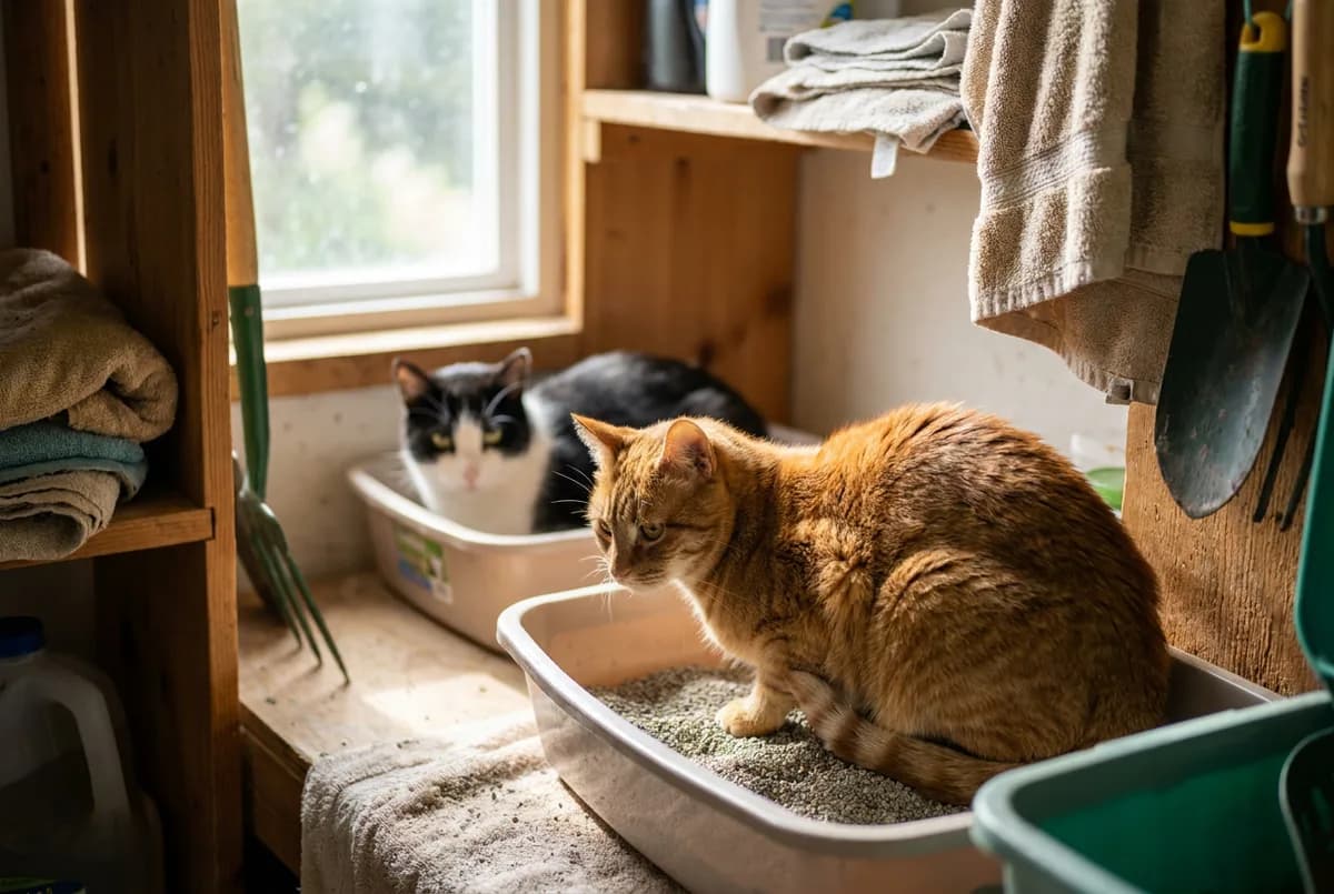 Black and white cat and orange cat each using a separate litter box in a utility room