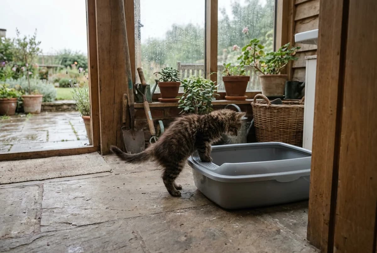 Young tabby cat climbing into a shallow low-sided gray litter box in a sunroom