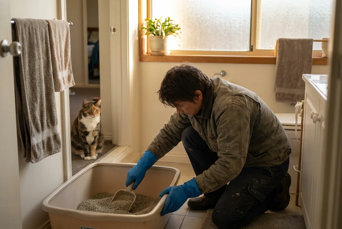 Person in blue rubber gloves scooping clumps from a litter box while a calico cat watches from the bathroom doorway