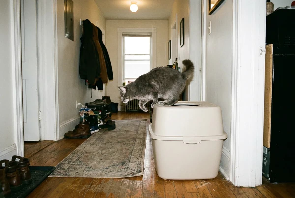 Gray cat hopping out of the top opening of a white top-entry litter box in an apartment hallway