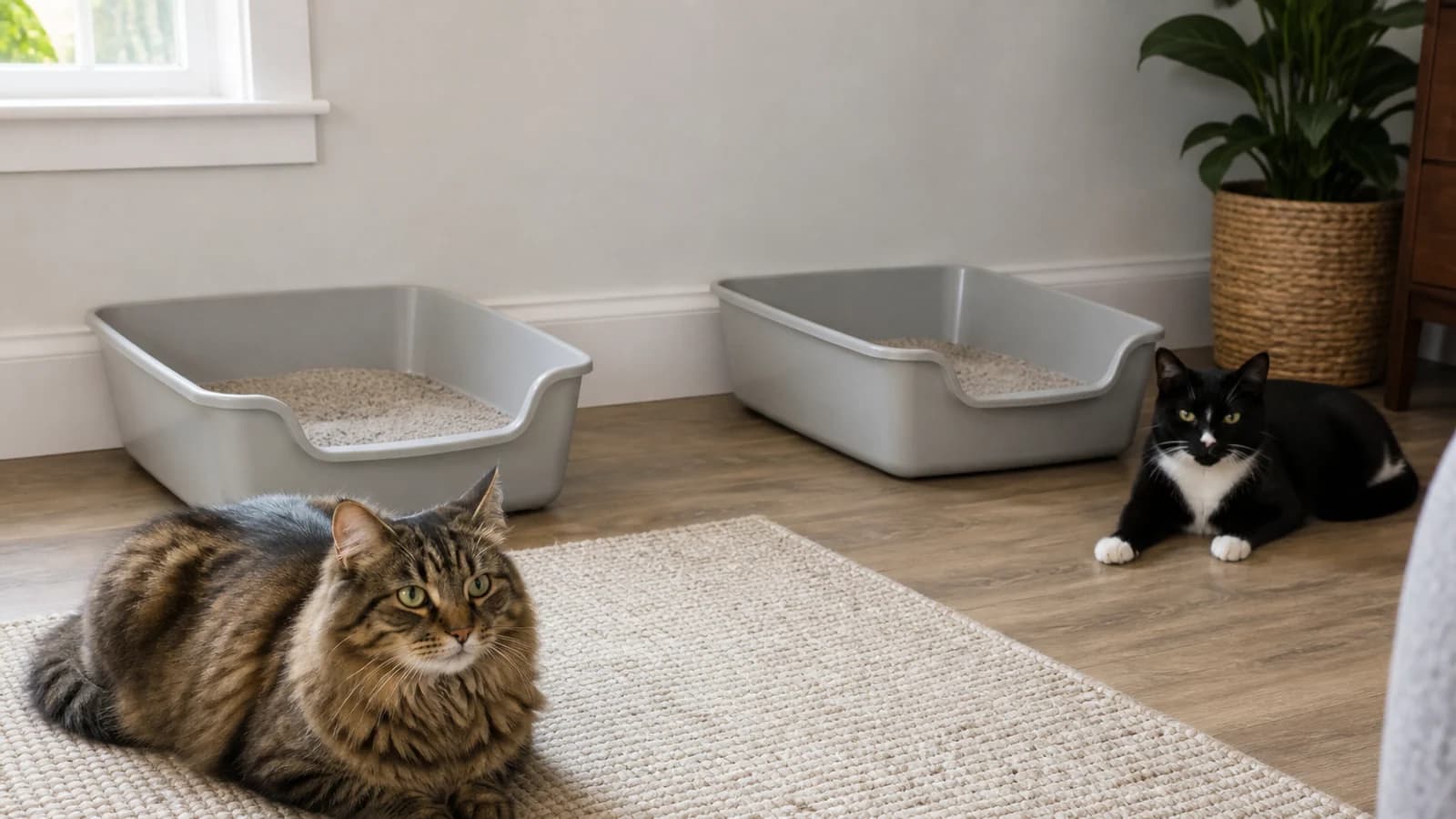 Two relaxed adult cats beside separate clean open litter boxes in a bright home