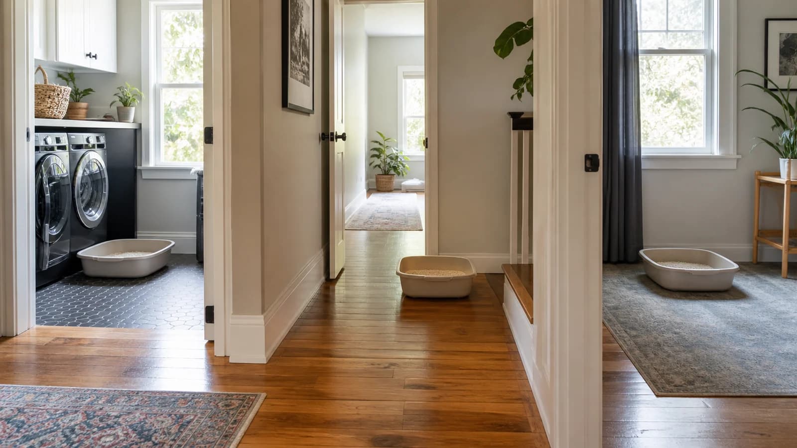 Three clean open litter boxes placed in separate accessible locations across a realistic home