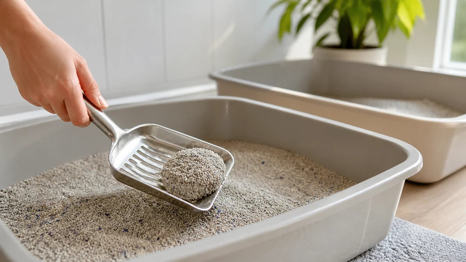 Metal litter scoop lifting one firm clump from a clean well-maintained open litter box