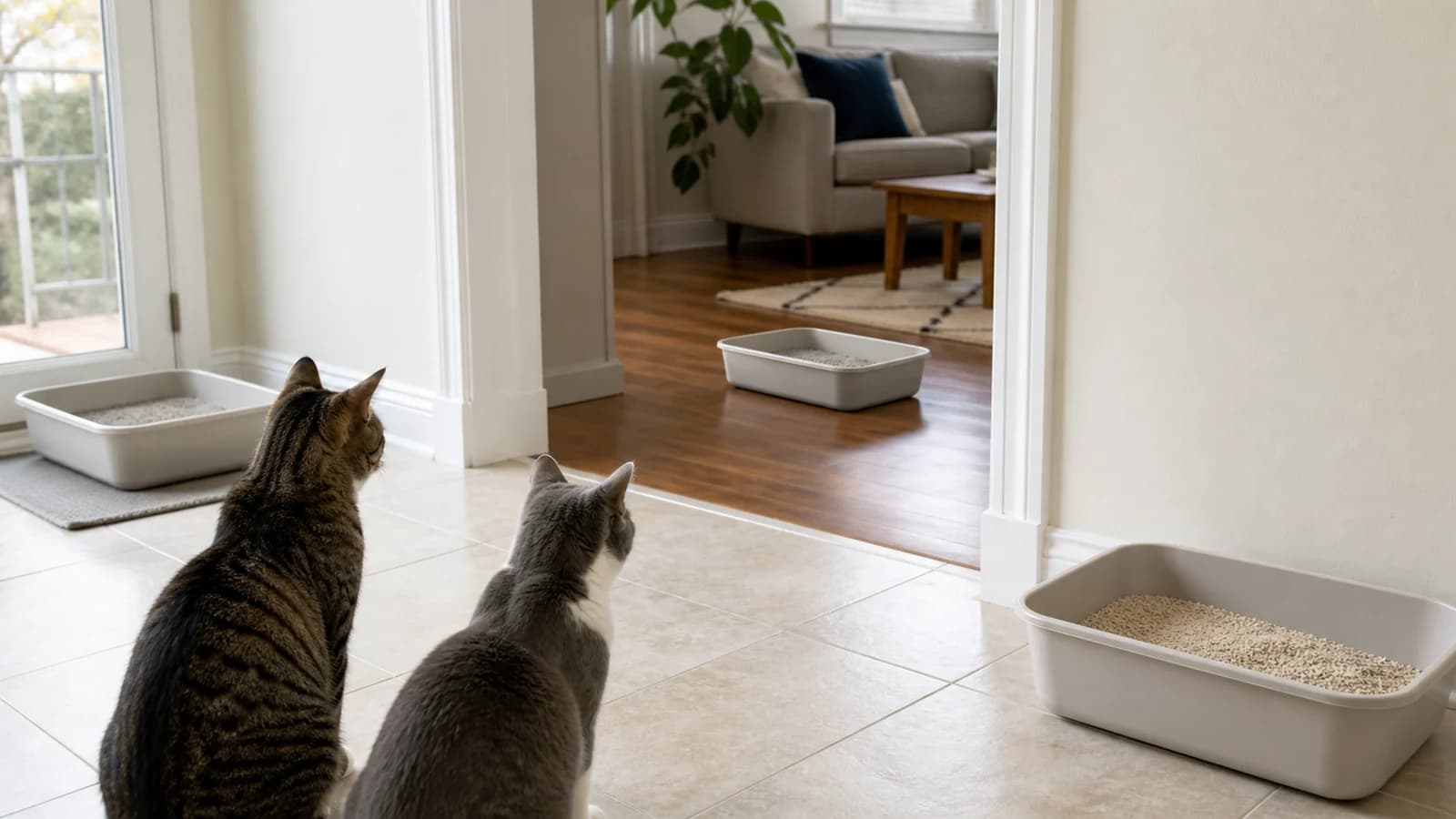 Two relaxed cats observing distributed litter boxes while one box contains a different unbranded trial litter
