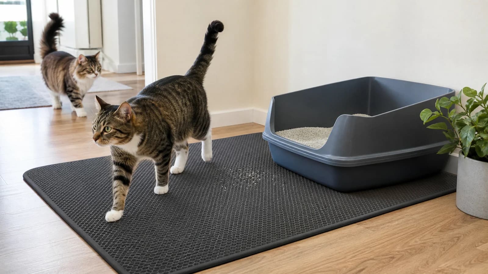 Tidy high-traffic litter area with a wide textured mat in front of a clean open box